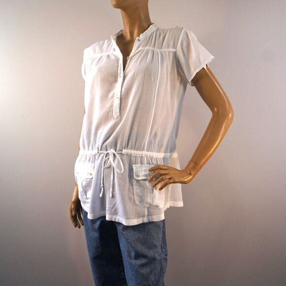 DKNY Jeans White Tunic Top Sz M Light Cotton Half Button Pockets - Picture 1 of 13